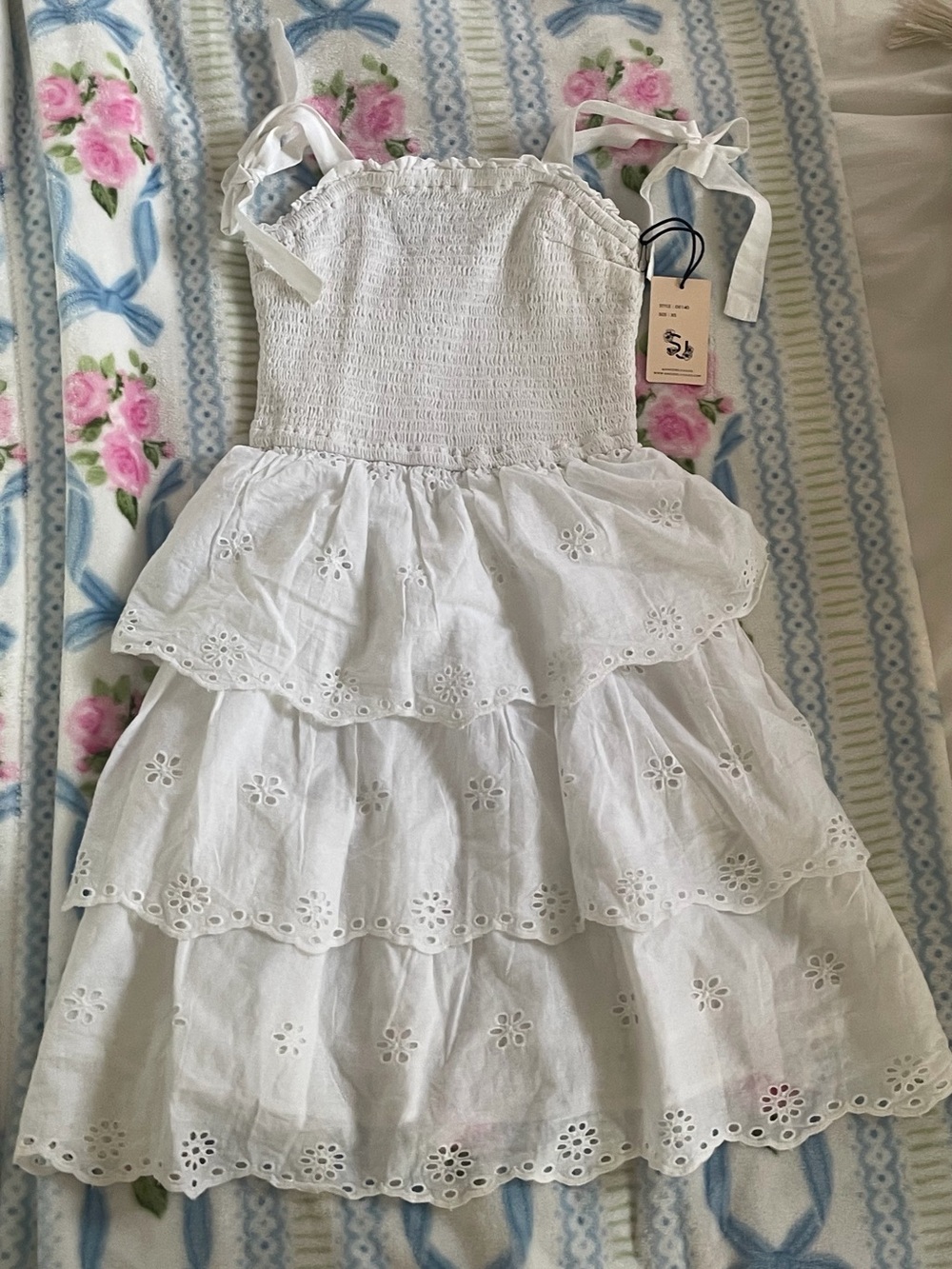 Sincerely Jules White Eyelet Tiered Sundress with Smocked Bodice